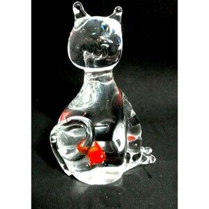 Vintage Heavy Clear Glass Cat Sculpture Figurine Goldfish in Belly